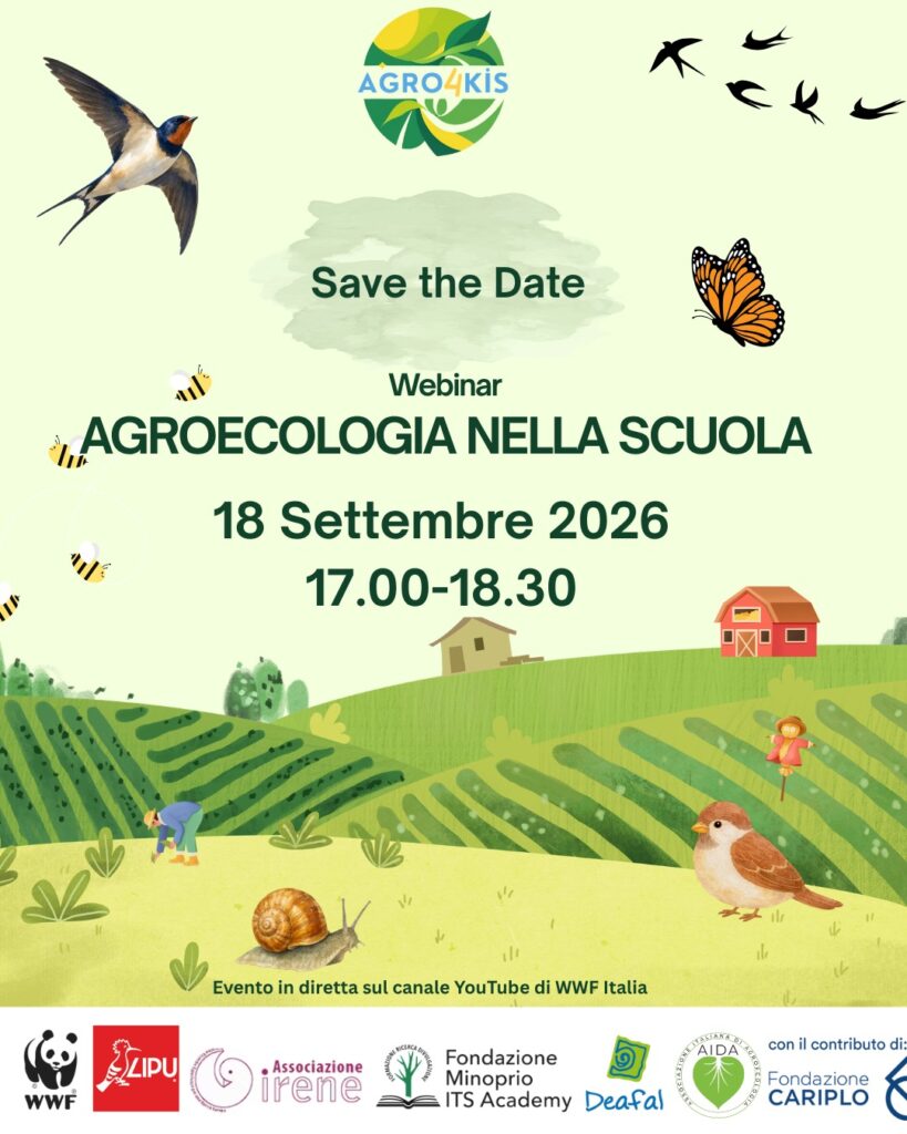 Locandina Save the Date del webinar Agro4KIS Agroecologia nella scuola, 18 settembre 2026, ore 17.00-18.30, in diretta sul canale YouTube di WWF Italia.