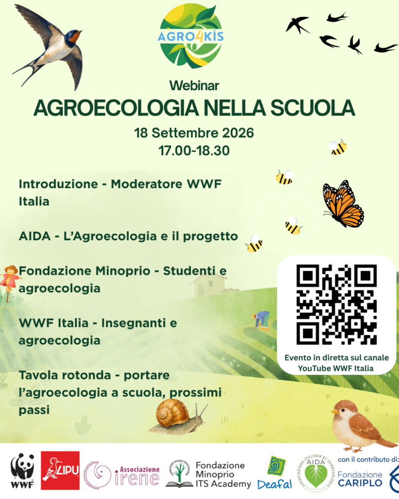Locandina con programma del webinar Agro4KIS Agroecologia nella scuola, 18 settembre 2026, ore 17.00-18.30: introduzione moderatore WWF Italia; AIDA, l'agroecologia e il progetto; Fondazione Minoprio, studenti e agroecologia; WWF Italia, insegnanti e agroecologia; tavola rotonda su come portare l'agroecologia a scuola. Evento in diretta sul canale YouTube WWF Italia.