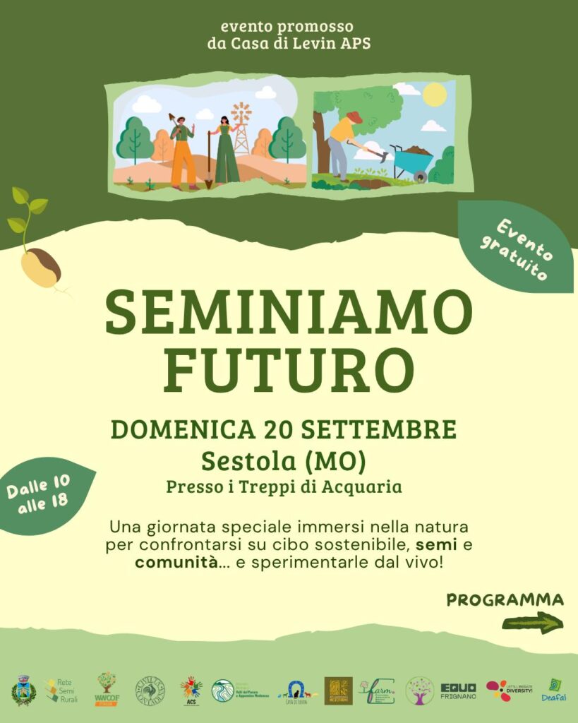 Locandina Seminiamo Futuro, domenica 20 settembre 2026, Sestola (MO), presso i Treppi di Acquaria, dalle 10 alle 18, evento gratuito promosso da Casa di Levin APS.