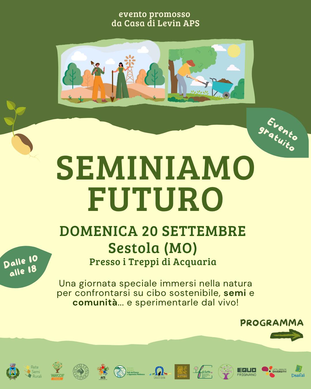 Locandina Seminiamo Futuro, domenica 20 settembre 2026, Sestola (MO), presso i Treppi di Acquaria, dalle 10 alle 18, evento gratuito promosso da Casa di Levin APS.