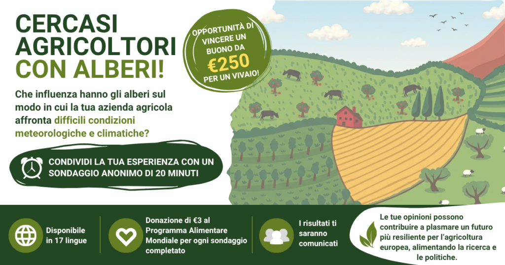 Locandina: Cercasi agricoltori con alberi! Sondaggio anonimo di 20 minuti sull'influenza degli alberi sulla risposta dell'azienda a condizioni meteorologiche e climatiche difficili. Opportunità di vincere un buono da 250 euro per un vivaio; donazione di 3 euro al Programma Alimentare Mondiale per ogni sondaggio completato.