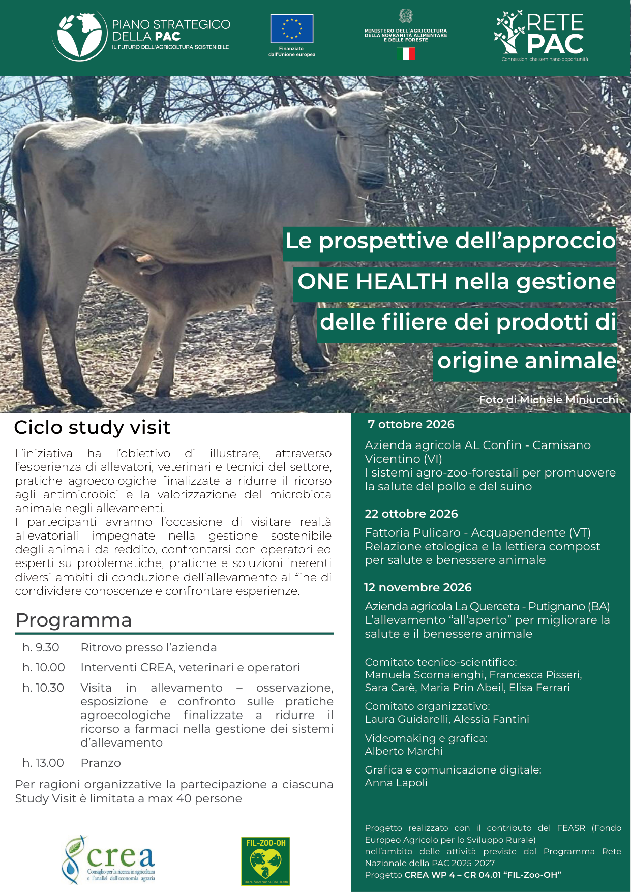 Locandina del ciclo di study visit FIL-ZOO-OH, Le prospettive dell'approccio One Health nella gestione delle filiere dei prodotti di origine animale: 7 ottobre Camisano Vicentino (VI), 22 ottobre Acquapendente (VT), 12 novembre Putignano (BA).