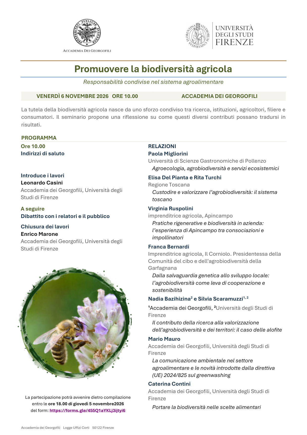 Locandina del seminario Promuovere la biodiversità agricola, Accademia dei Georgofili, Firenze, 6 novembre 2026